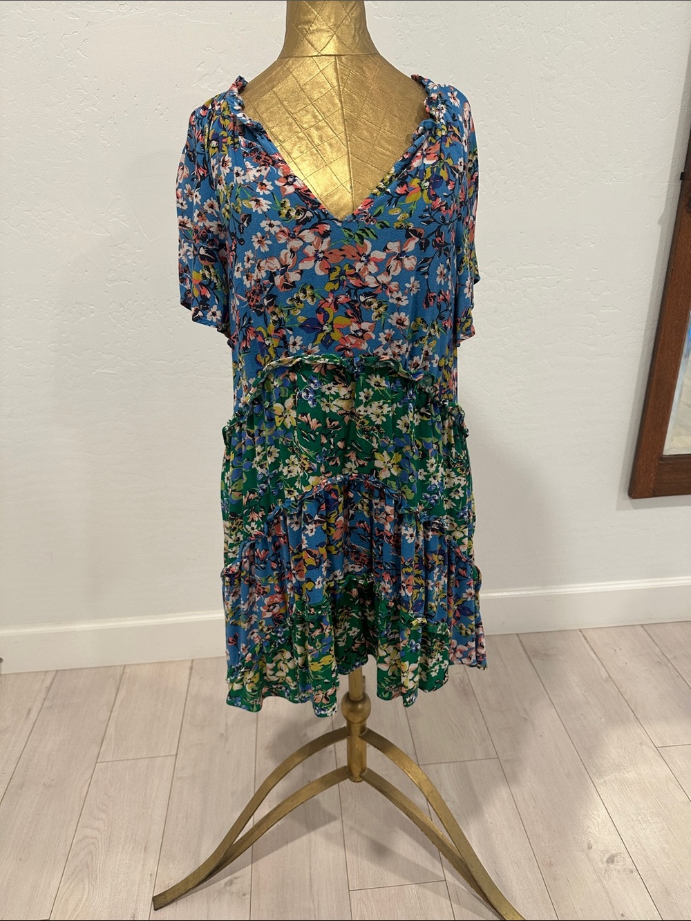 Anthropologie Blue and Green Floral Tiered Mini Dress